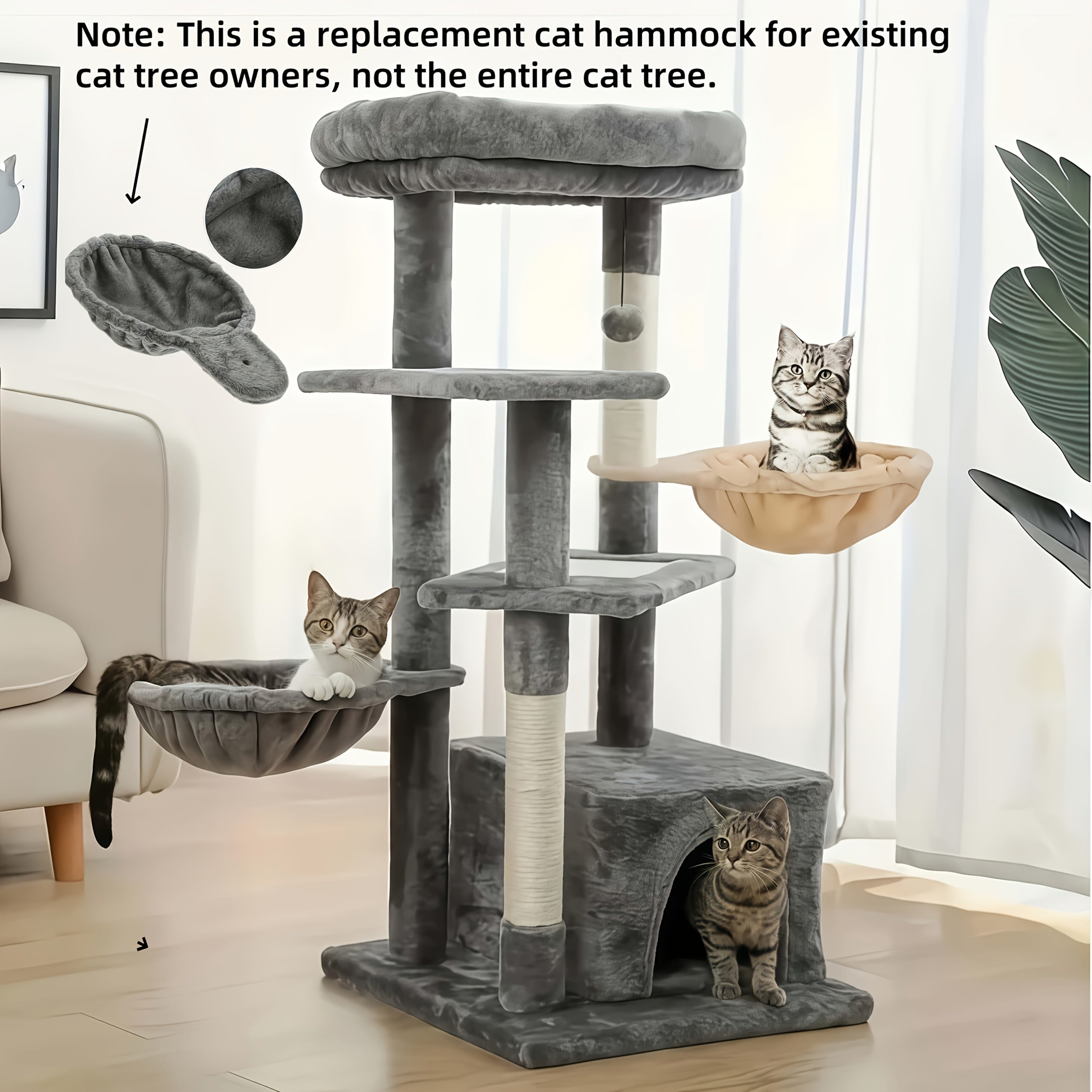 Large Gray Cat Hammock with Stainless Steel Buckle - Soft Polyester & Polyester Blend, Comfortable Cat Tree Hammock Attachment, 4 Seasons/Universal Replacement for Existing Cat