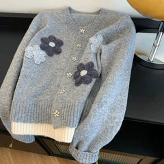 Korean Style Flower Loose Sweater Women's Autumn and Winter Lazy Embroidery