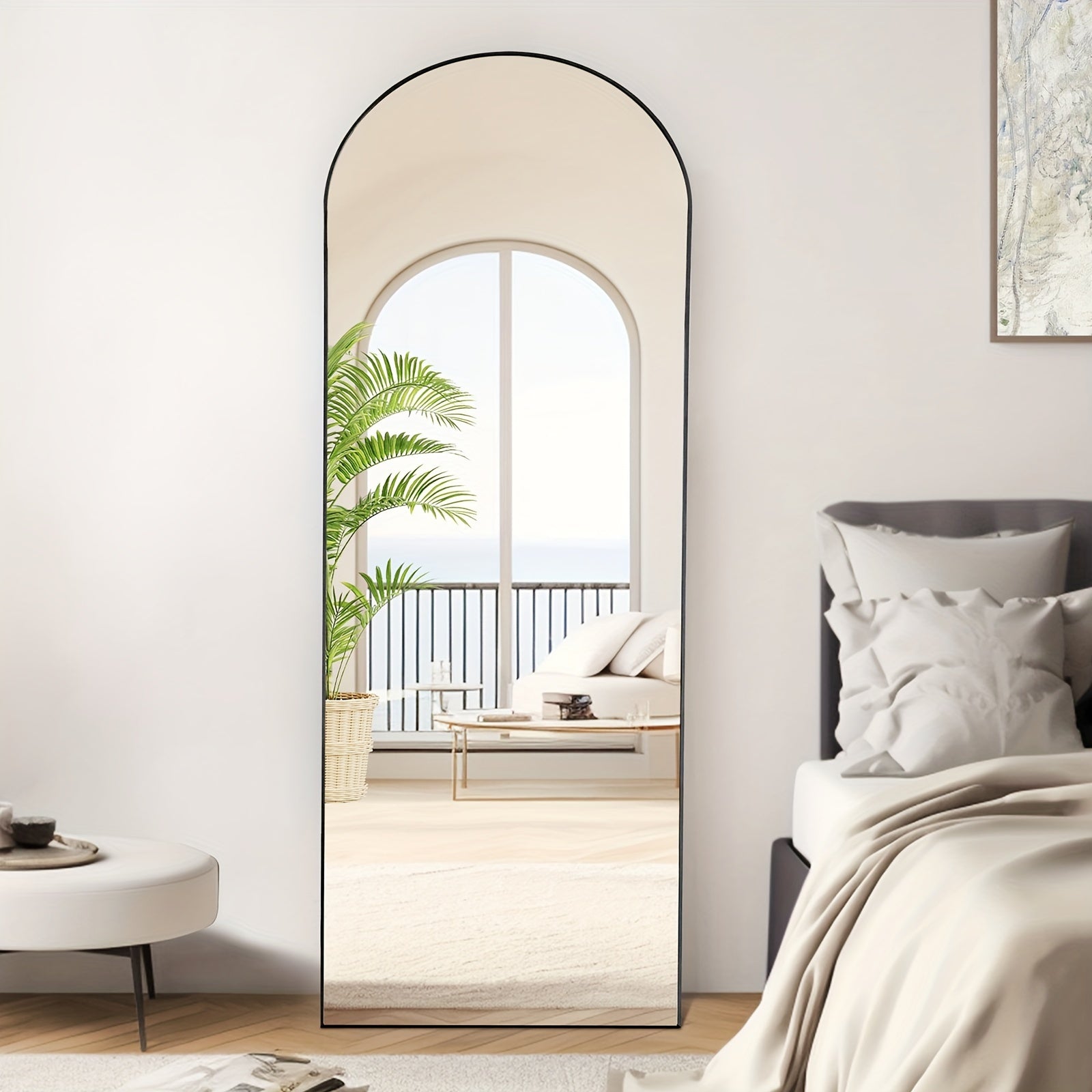 Arched Full Length 64" X 21"/ 59"x16"Mirror With Stand, Floor Mirror With Aluminum Alloy Frame For Bedroom, Standing Full Body Mirror With Shatter-Proof Nano Glass For Wall, Living Room, Cloakroom