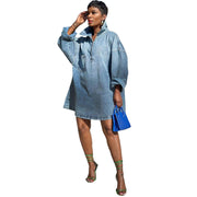 Womens Relaxed-style Fashionable Denim Skirt with Notch Lapel Ombre Long Sleeves