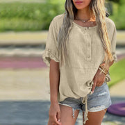 Loose-Fit Autumn Cotton-Linen Shirt – Khaki Short Sleeve with Buttons