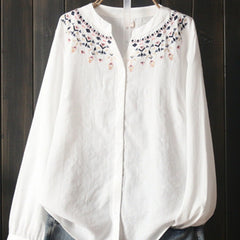 Womens Loose Versatile White Long-Sleeve Embroidered Shirt