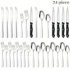 24‑Piece Black Stainless Steel Flatware Set – Mirror‑Polished Cutlery for 8, Dishwasher Safe, Gift Box Included