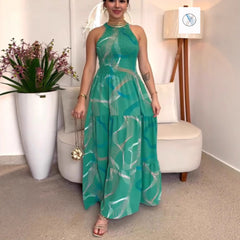 Halter-neck Sleeveless Sexy Waist-cinching Long Dress Fashionable