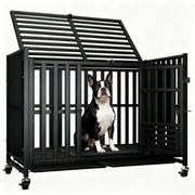 Rolling heavy-duty dog crate with three doors and washable trays