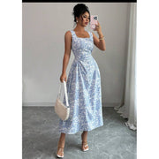 Floral Print Square-Neck Slimming Sleeveless Dress