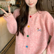Women's Sweet Round Neck Color Buckle Puppy Pattern Long-sleeved Sweater Cardigan