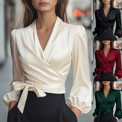 Womens Solid-Color V-Neck Elegant Satin-Bonded Shirt