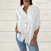 Comfortable V-Neck Cotton-Linen Long Sleeve Blouse