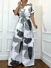 Casual Loose Short Sleeves Lapel Print Jumpsuit for Women