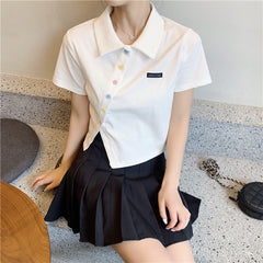 Female Cultivator's High-waisted Lapel-collar Short-sleeve T-shirt