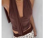 Brown V-Neck Halter Top with Multiple Styling Options