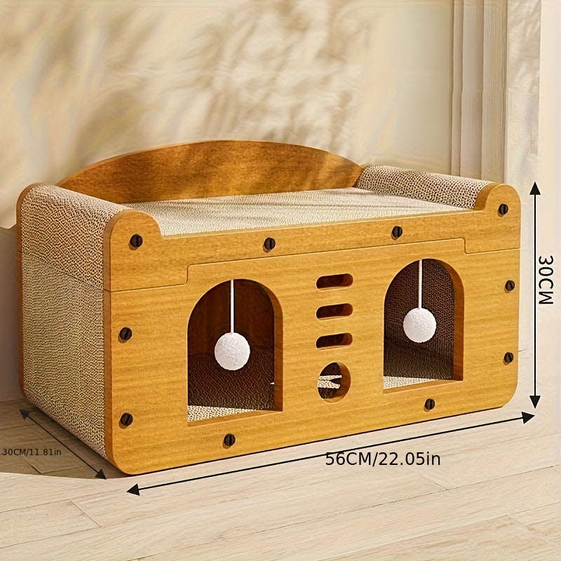 Spacious Cat House for Indoor & Outdoor Use - Multi-Feature Condo with Dual Scratching Boards, Plush Balls, and Ventilation Doors, Ideal for Cats