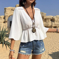 Solid Color Hollow-out Waist Inlaid Lace Shirt