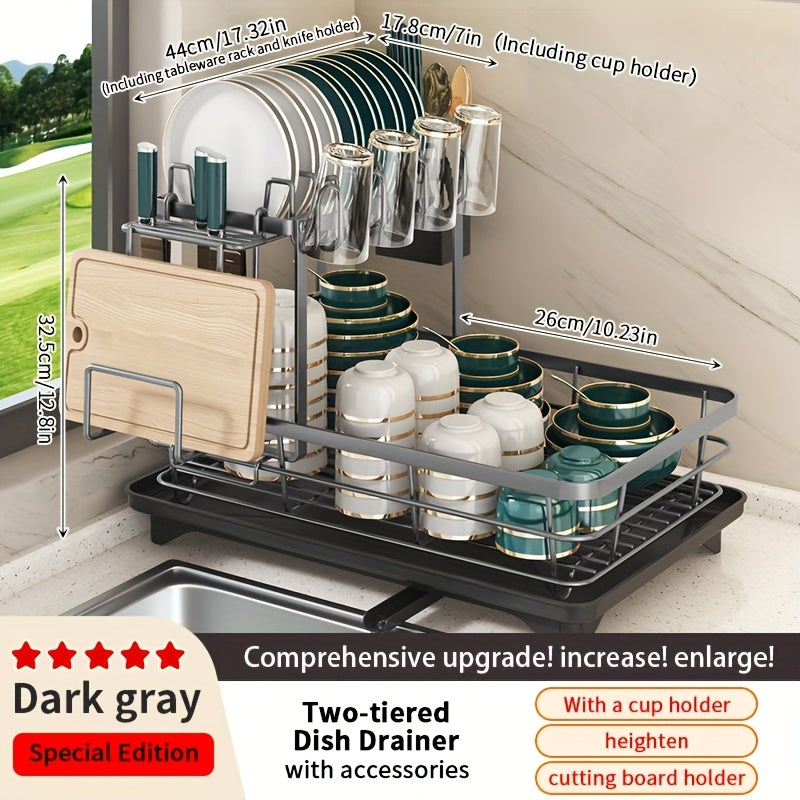 Double Tier Large Metal And Carbon Steel Cutlery Rack For Kitchen Countertop, Space Saving And Durable, With Knife, Fork And Cup Holders And Draining Board, Rustproof Large Two Tier Metal Cutlery...