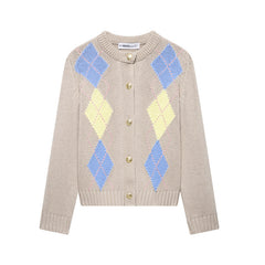 Diamond Pattern Contrast Color Round Neck Long Sleeve Knitted Coat