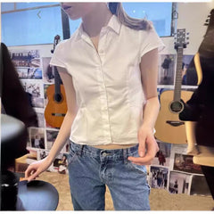 BM Style White Lace-up Waist Polo Collar Button Shirt
