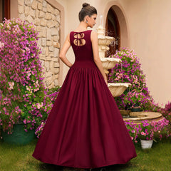 Burgundy Sleeveless Satin Evening Gown with a Fitted Waist