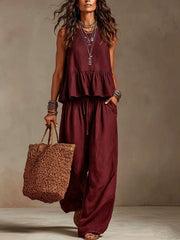V-neck Ruffle Hem Sleeveless Crop Top & High Waist Wide Leg Linen Pants Two Piece Outfit Set
