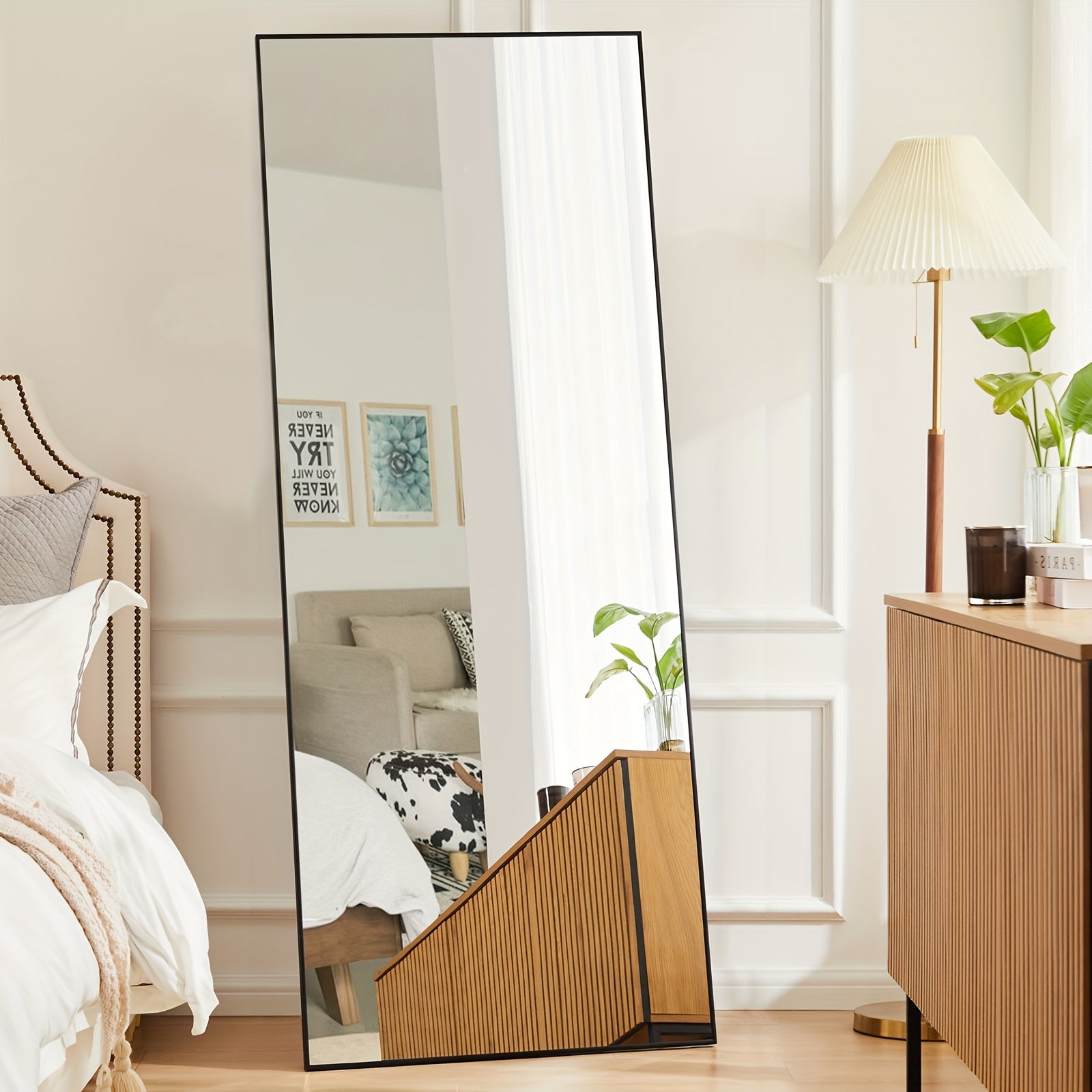 Arched Full Length 64" X 21"/ 59"x16"Mirror With Stand, Floor Mirror With Aluminum Alloy Frame For Bedroom, Standing Full Body Mirror With Shatter-Proof Nano Glass For Wall, Living Room, Cloakroom