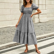 Retro Puff Sleeve Vichy Check Tiered Midi Dress