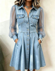 Faux Denim Patchwork Mesh Long Top