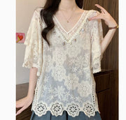 Elegant Embroidered Lace Shirt – Short Sleeve, Cotton, One‑Size Fits All