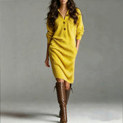 Cross Border Polo Collar Fur Dress From Europe and America, Retro Single Breasted Lapel, Lazy Style Pocket, Long Sleeved Mid Length Dress