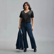Slim-Fit Black V-Neck T-Shirt with Diamond Print – Comfortable & Versatile