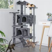 Large cat tree tower with condos, scratchers, and dangling balls