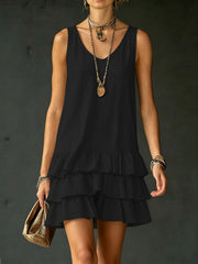 Women's Sleeveless V-neck Layered Ruffle Mini Dress - Casual Loose Fit Summer Dress