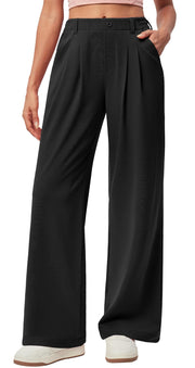 Wide Leg Work Pants for Women - High Waist Button Front Casual Dress Pants