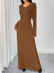 Ribbed Knit V-Neck Half-Button Maxi Dress