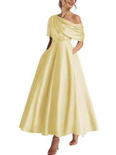 Satin Off-the-Shoulder Draped Party Dress