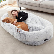 YAEM Human & Pet Dog Bed - Oversized Faux Fur Bed for Large Dogs & Owners, Washable with Plump Pillow & Blanket, Gray Bed Frame for /Pets, Storage Strap, Shared Space (Suitable