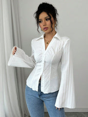 Elegant Long-sleeve Blouse for Women - Defined Waist & Stylish Stripes
