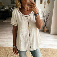 Women's Spring Summer Comfortable Casual Patchwork Hollowed-Out Trim Top T-Shirt