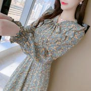 Womens Autumn French-style Ruffled Floral Dress with a Defined Waist