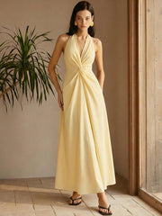 European and American-style Halter-neck Pleated Sexy Sleeveless Fashion Long Dress