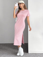 Fashionable Womens Round-neck Short-sleeve Striped Dress