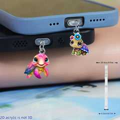 2‑Piece 2D Flat Acrylic Turtle Couple Phone Dust Plugs – Universal Fit for iPhone, Type‑C and Android Devices