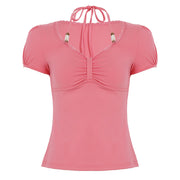 Slim Fit Beaded Short-Sleeve Top – Fresh Pink & Brown