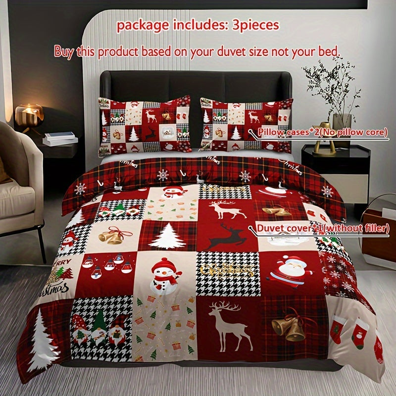 Christmas Reindeer & Plaid Duvet Cover Set Includes Duvet Cover And Pillowcases