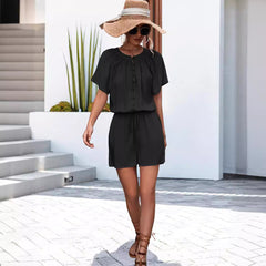 Chic Pleated Lace-Up Button Jumpsuit