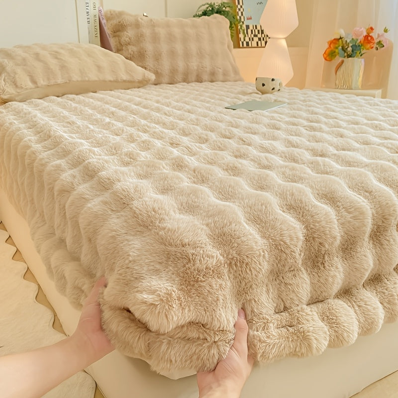 Rabbit Fur Like Plush Fitted Sheet With 11.8" Deep Pocket Thickened Winter