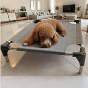 Gray pet bed with breathable mesh and stainless steel frame for small to medium pets