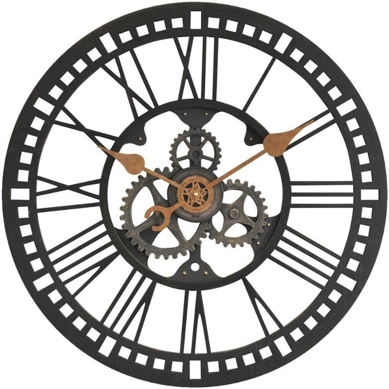 and Co. 24" Large Vintage Industrial Roman Gear Wall Clock - Silent Non-Ticking Quartz Movement, & Golden Farmhouse Decor with Glass Face & Plastic Frame, Battery-Powered (AA Battery Not Included) for Living Room, Home Office, Cafe - Easy Mounting H