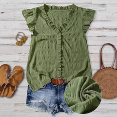 New Women's V-neck Ruffled Short-sleeve Blouse Loose-fit Figure-flattering Top With Lace Detailing