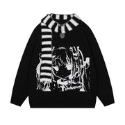 Anime Girl with Scarf Round Neck Sweater Men and Women Autumn and Winter Loose