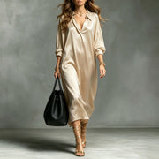 Womens V-neck Loose-fit Satin Long-sleeve Dress